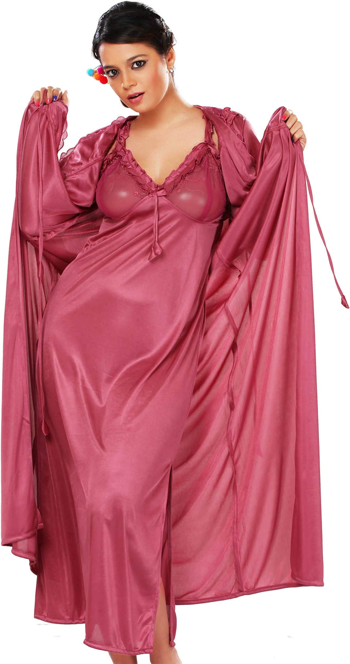 Phalin Women's Satin Nighty with Robe (Pack of 2)