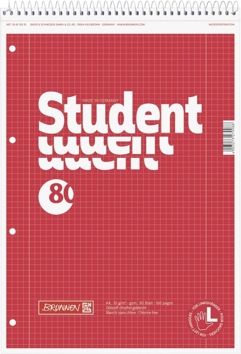 Brunnen 106791201 Left-Handed Student Notepad A4 Squared Ruled Line Style 28 70 g/m² 80 Sheets with Spiral Heads