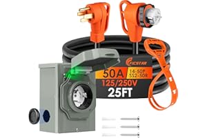 Ficstar 25FT 50 Amp Generator Cord and Power Inlet Box Kit, NEMA 14-50P to SS2-50R Generator Extension Cord, Pre-Drilled 50 Amp Generator Inlet Box with STW Wire, 125/250V, 12500W;ETL Listed