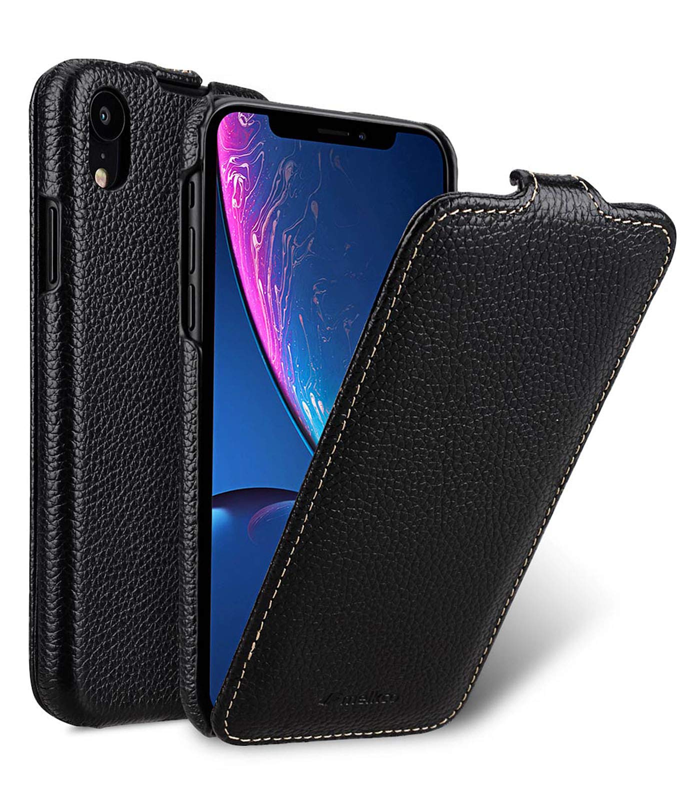 MELCKO Phone Case for Apple iPhone XR (6.1 Inch), Coated Leather Exterior Protective Flip Case Ultra Slim Cover Sheath Black