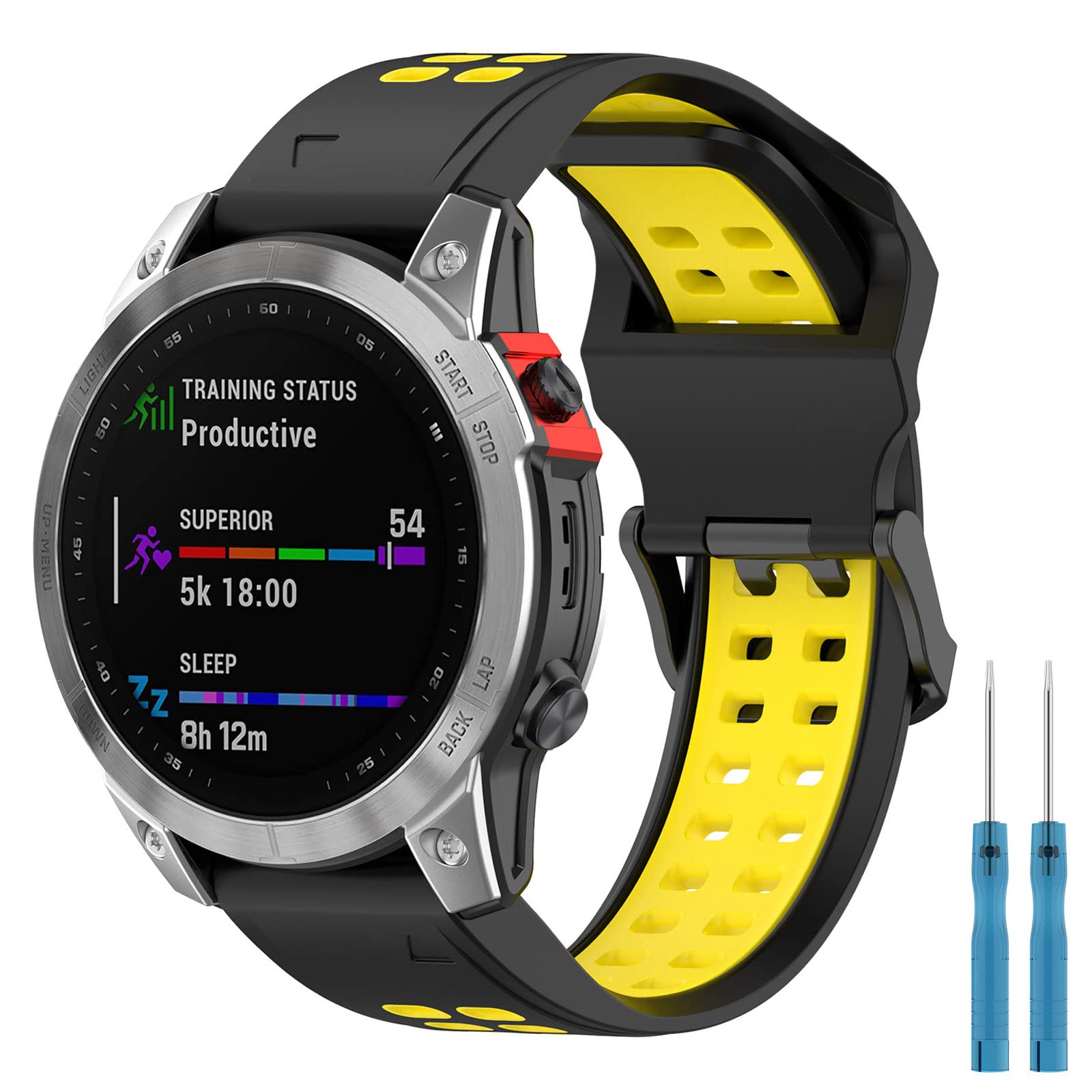 Miimall 20mm Quick Fit Silicone Strap Compatible with Garmin Fenix 7S Soft Sports Band Breathable Lightweight Waterproof Adjustable Quick Release Replacement Wristband for Garmin Fenix 7S-Black+Yellow
