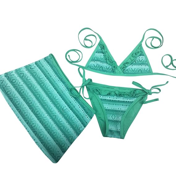 Brazil Beach Kids Girls 3 Piece Green Swim Suit Bikini Top Bottoms Skirt NEW NWT