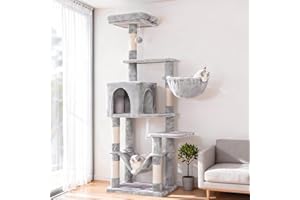 Hey-brother Cat Tree with Large Hammock, Multi-Level Cat Tower for Indoor Cats, Cat Condo with Sisal-Covered Scratching Posts and Top Perch, Light Gray MPJ050W