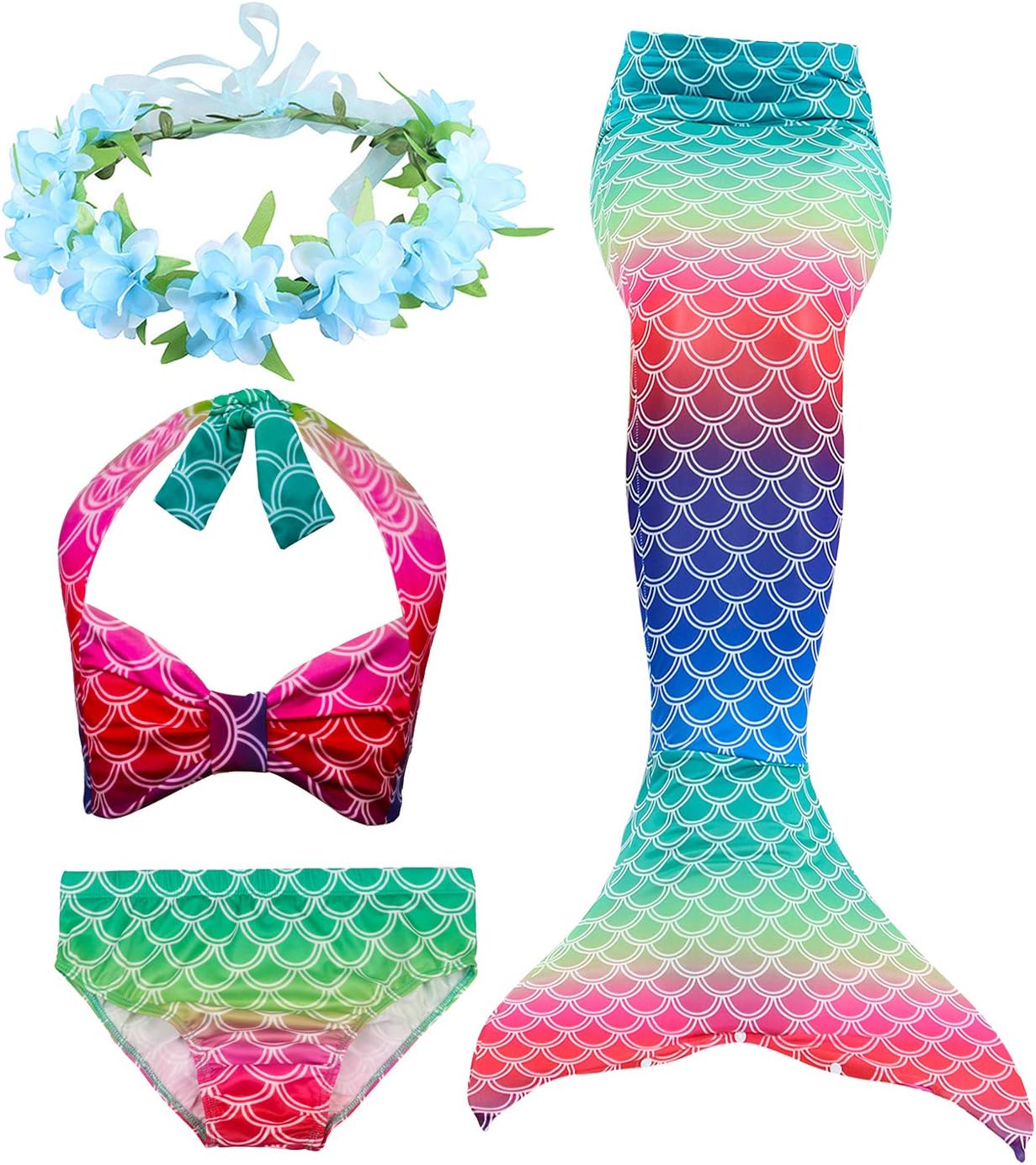Hifunbay Kids Girls Mermaid Swimming Costume Included 3PCS Swimmable Bikini Swimsuit and Flower Garland Headband