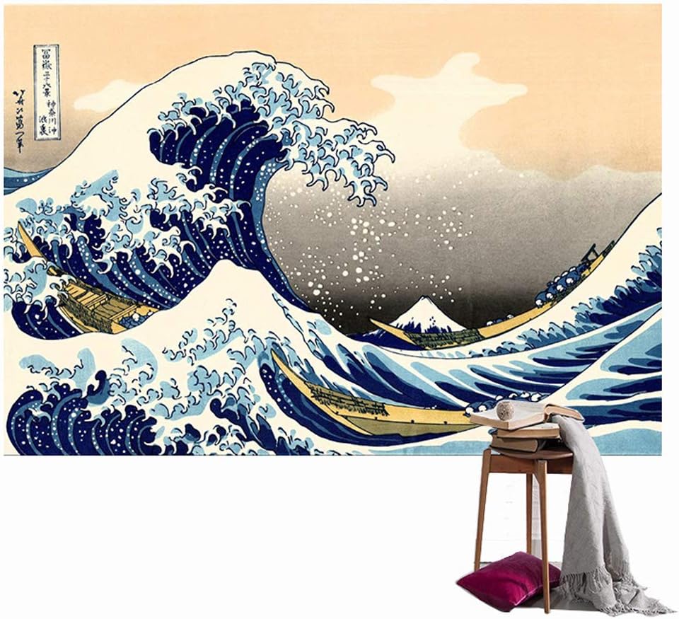 SUNSHINE EVERYDAYCool Japanese Sea Wave Art Printing Tapestry Wall Hanging, Beach Towel Throw, Dorm Decoration, Tablecloth Japanese Art Curtain
