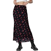Avanova Women Cute Mesh Mermaid Skirt High Waist Cherry Print Summer Midi Skirt Black A Small