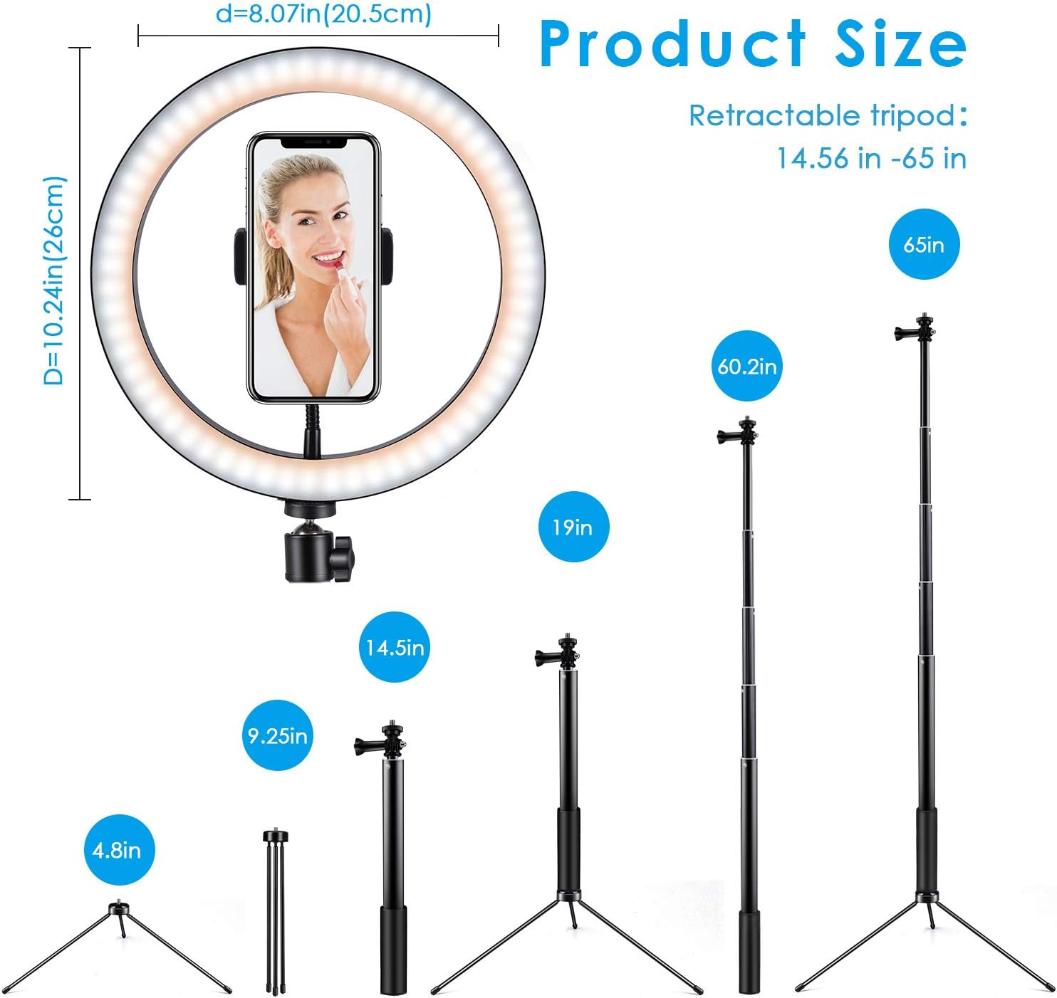 Ring Light 10" Selfie Light Ring with Adjustable Bracket (14.56'' to 65'') Remote Control 3 Modes & 10 Brightness 120 Bulbs Dimmable Desktop Ringlight for YouTube Video/Live Stream/Makeup/Photography : Camera & Photo