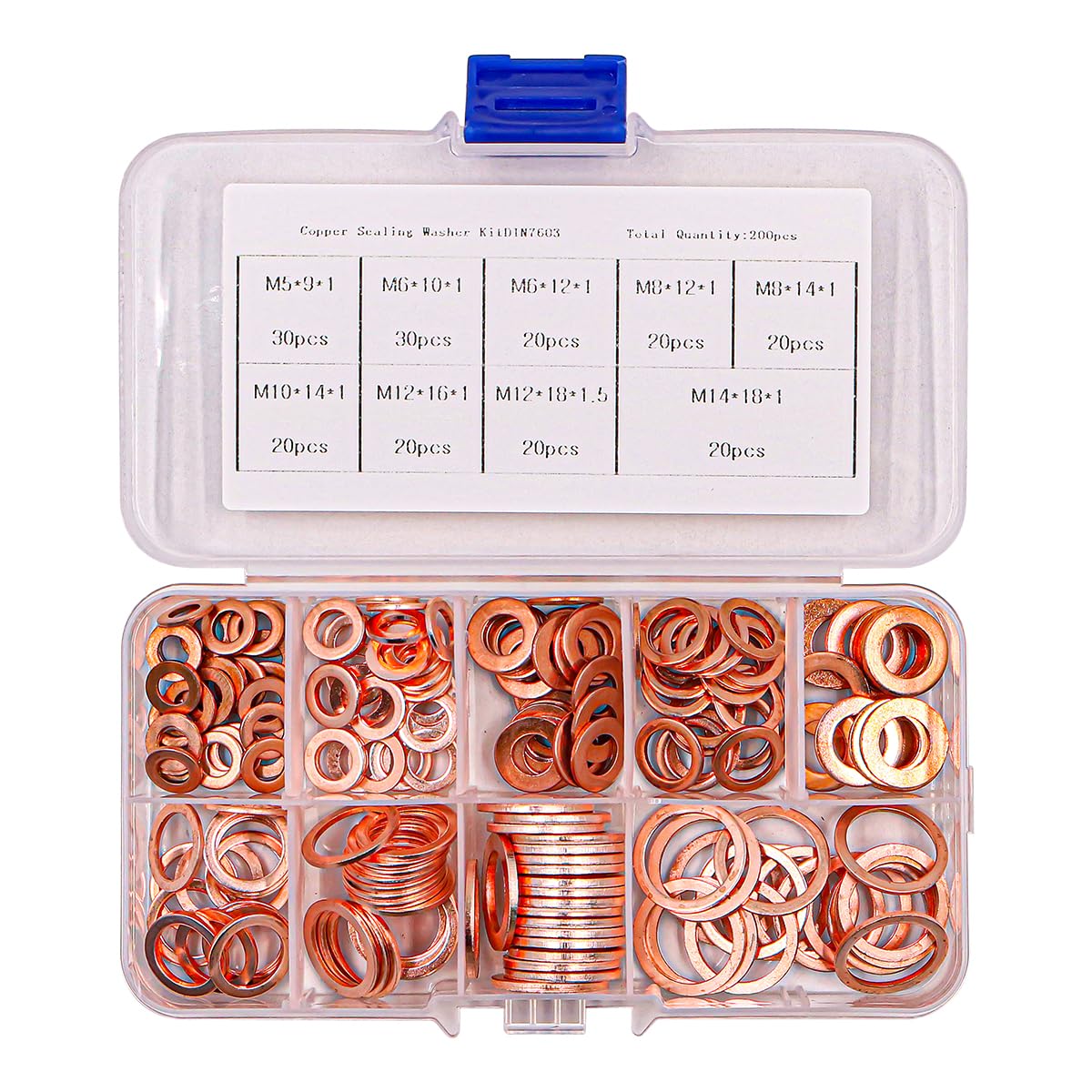200 Pieces NUZAMAS Copper Washer Kit 9 Sizes Copper Metric Sealing Washers Flat Washers Kit M5 M6 M8 M10 M12 M14 for Fasteners Screws