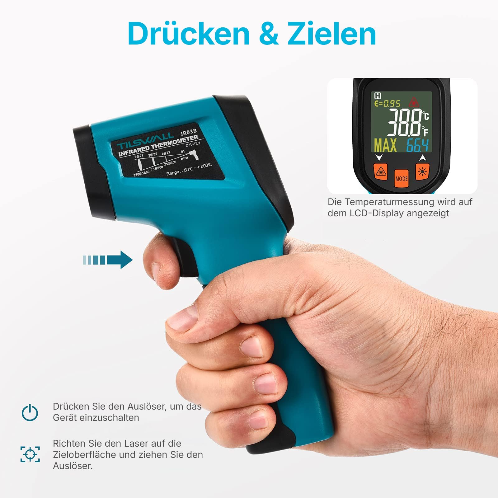 Tilswall Infrarot Thermometer(nicht für Menschen) -50°C bis 600°C IR Digital Laser Temperaturmessgerät für Kochen/Barbecue/Pizza Oven/Gefrierschrank/Industrie (Fleischthermometer inklusive) 9