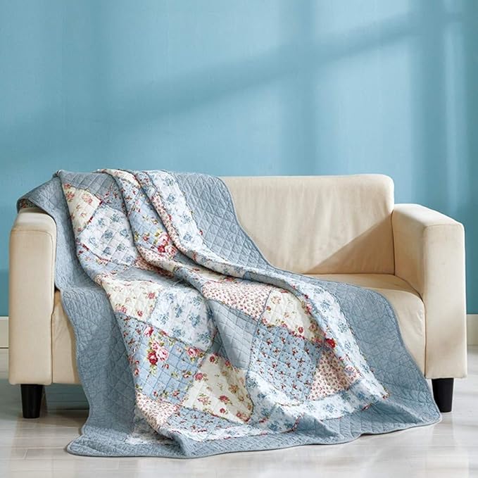 Qucover Single Bedspread Blue Soft Cotton Patchwork Quilt Bedspread