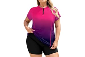 COOTRY Plus Size Two Piece Rash Guard Women Short Sleeve Bathing Suit Zip Up Swimsuit Built in Bra Swim Suit Swimwear