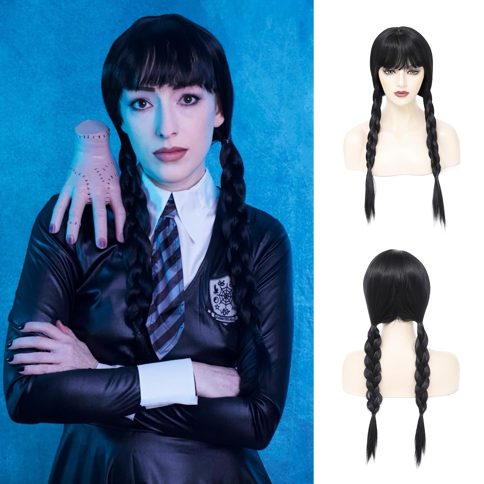 Photo 1 of Angzon Long Black Braided Wig with Bangs for Women 21 inch Heat Resistant Synthetic Cosplay Wig for Halloween Costume Party Use