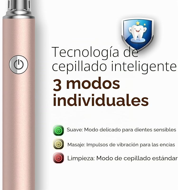 Escova de dentes elétrica Sonic com limpalínguas para adultos, 6 cabeças, 3 modos e 40000 VPM, carregamento rápido 3 horas e 45 dias, aspeto metálico (ouro rosa)