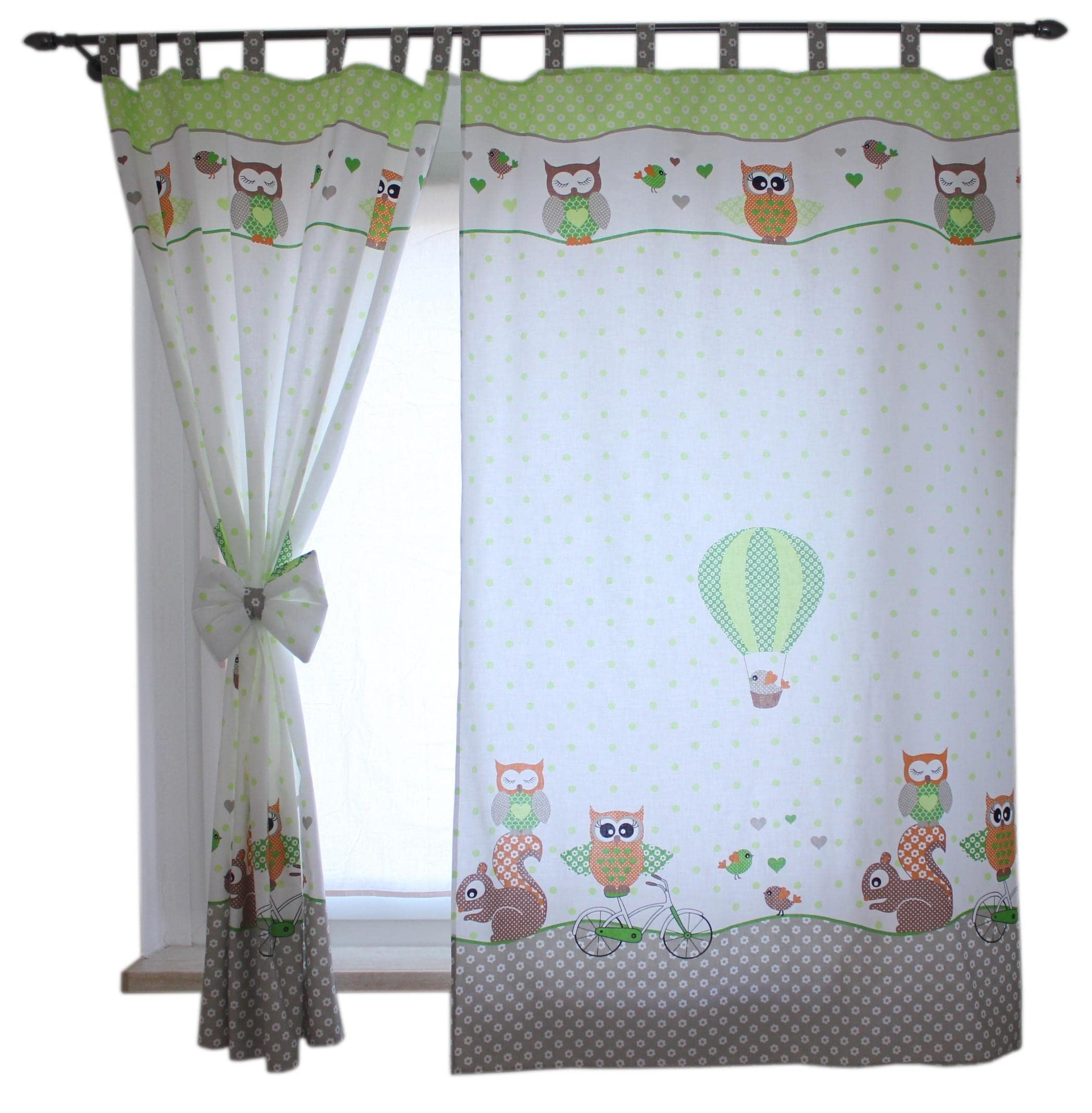 TupTam Children's Room Tab Top Curtains with Tiebacks, Owls 2 Green, ca. 155x95 cm — image 1