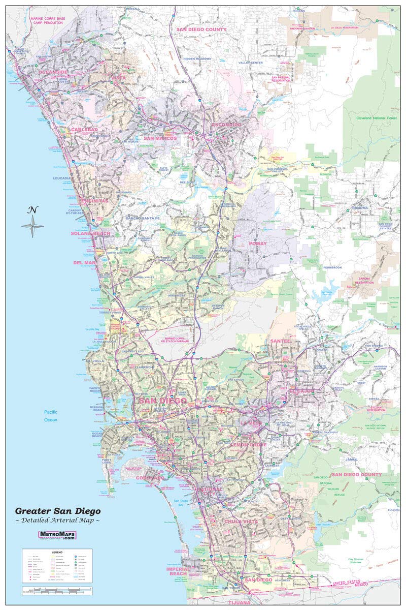 Greater San Diego Area Map Greater San Diego California Wall Map Plain *Laminated* Small 24"X36":  Metro Maps: Books