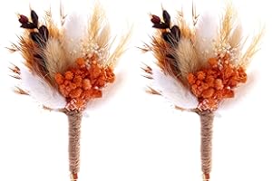 BONSION Natural Dried Flowers Boutonniere for Men Wedding Set of 2, Boho Wedding Groom and Groomsmen Boutonniere for Wedding Ceremony Anniversary, Formal Dinner and Fall Vintage Wedding (Orange-03)