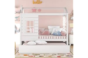 Harper & Bright Designs House Bed for Kids, Twin Daybed with Trundle and Roof, Twin Size Platform Bed Frame with Fence and Window for Kids, Teens, Girls & Boys, Easy Assembly (White)