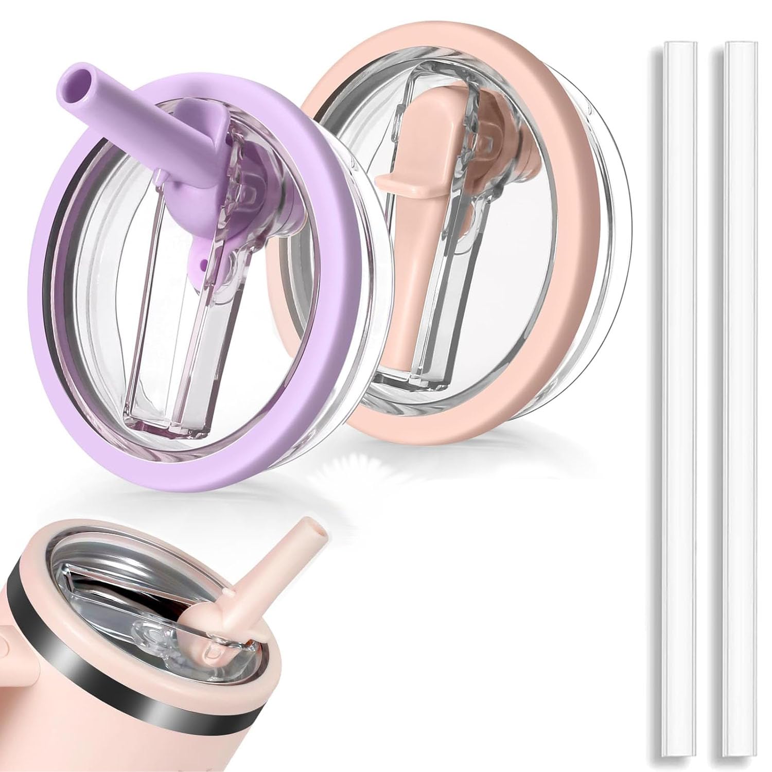 Photo 1 of 2 PCS 40 oz Replacement Tumbler Flip Fit for Stanley Quencher and Traveler?Straw Lids Spill Proof Splash Resistant Reusable Tumbler Cover for Car Cup Tumbler Lid with Straw (2PCS Pink&Light Purple)