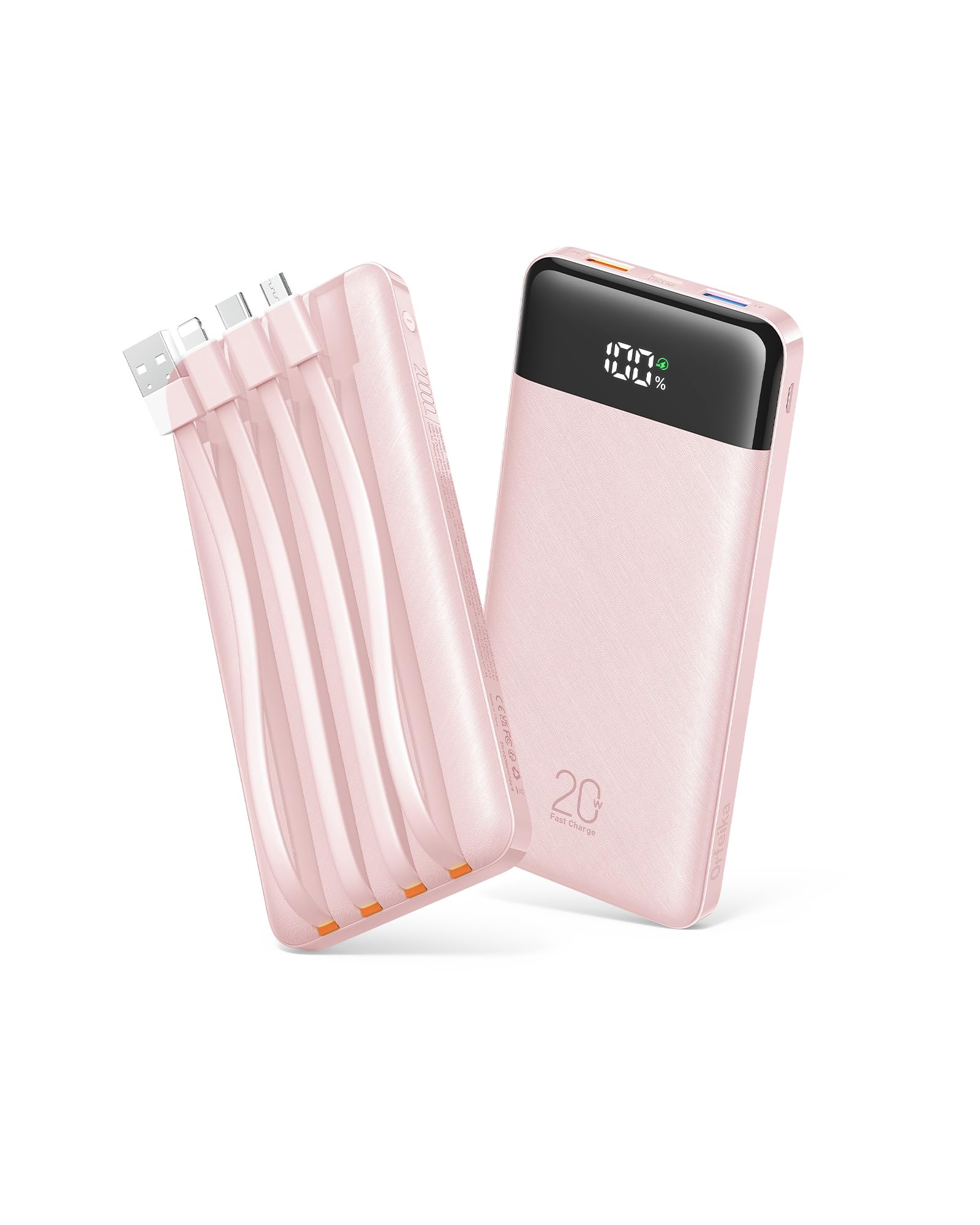 Orfeika 20000mAh Power Bank Fast Charging, Portable Charger with 4 Built-in Cables & 6 Outputs, 20W PD USB C Battery Pack Compatible with iPhone 16/15, Galaxy, Android, iPad & More (Travel Essential)