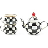 MACKENZIE-CHILDS Enamel Tea Party Set, Black-and-White Courtly Check | Hand-painted design, includes enamel teapot (3-cup capacity) and 2 teacups (10-ounce capacity each), set of 3