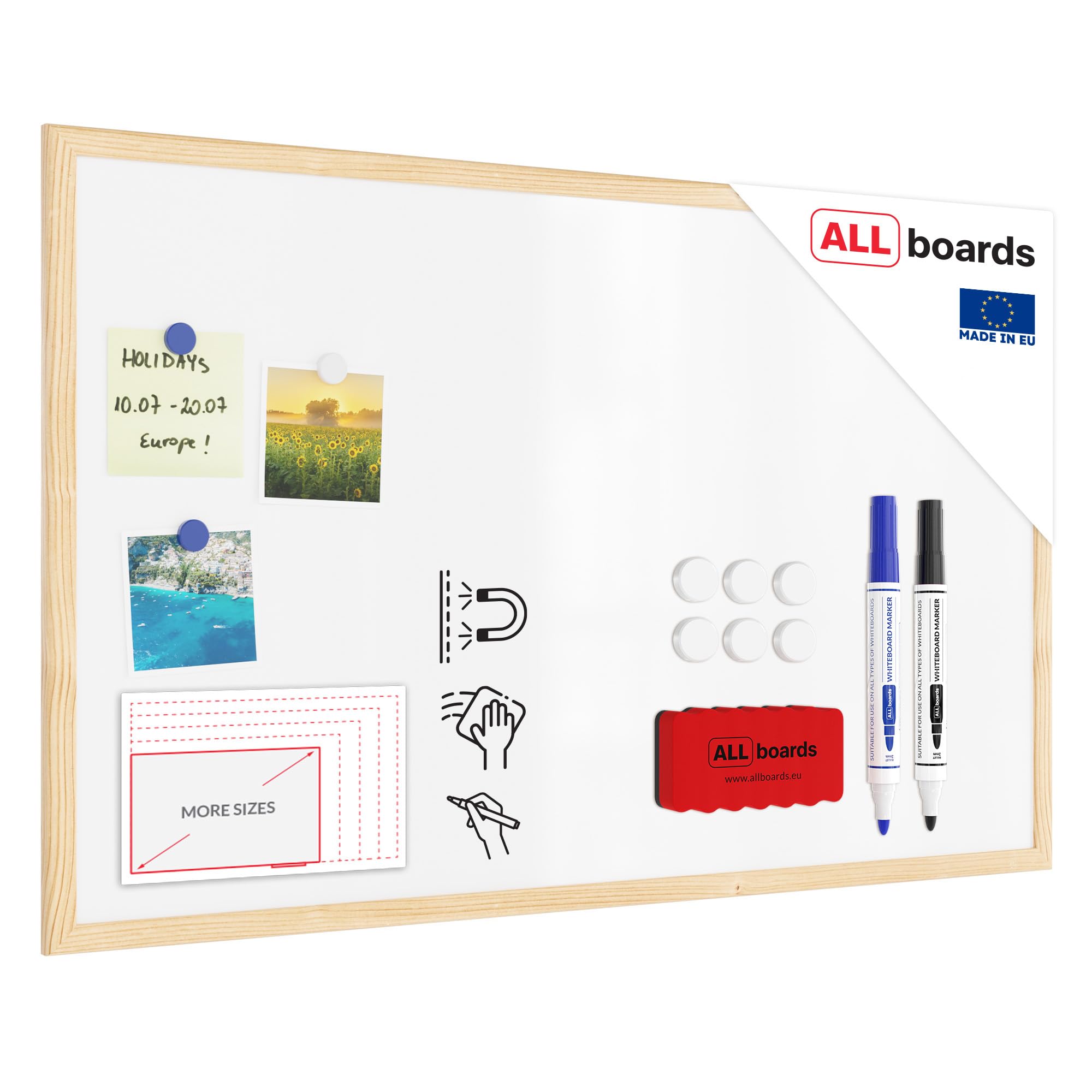 ALLboards Whiteboard with Wooden Frame 80x50cm, Magnetic Board Dry Wipe Dry Erase