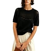 Yeokou Womens Short Sleeve Sweater Round Neck Eyelet Knit Crochet Pullover Summer Fall Casual Top Blouse