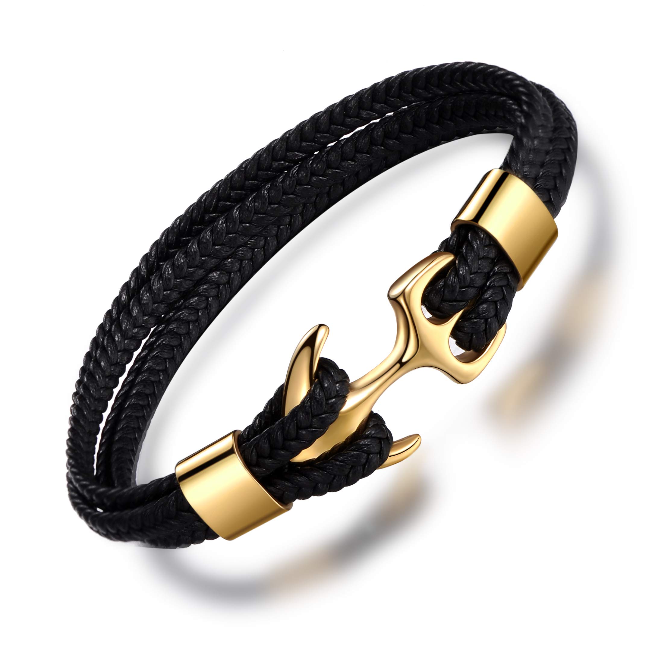 MicLee Men's Genuine Leather Bracelet with Titanium Anchor Charm 8.46"(21.5cm) with FREE Giftbox