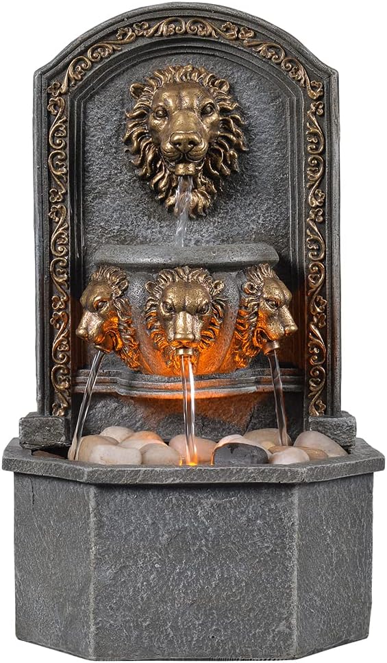 Indoor Fountains & Accessories - GOSSI 10.3 Inches Tall Tabletop Fountain Classic Lion Head Polyresin Indoor Zen Waterfall Fountain w/Cobblestone Soothing Sounds for Office and Home Decor