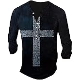 MARSVOVO Long Sleeve T Shirt Men Cross Print Cool Skull Graphic V Neck Casual Us USA Flag American Tops for Men