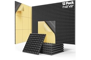 BEEQUIET Upgraded 12 Pack Self-Adhesive Sound Proof Foam Panels for Walls 12" X 12" X 1"， Fast Expand Acoustic Panels with High Density, Pyramid Soundproof Wall Panels for Studio and Home Noise Reduction Black