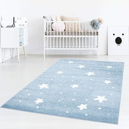 Taracarpet Kinderzimmer Teppich Dreamland kleine kleine Sterne und passende Punkte Blau Creme 060x110 cm