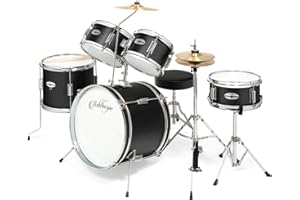 Ashthorpe 5-Piece Complete Junior Drum Set with Genuine Brass Cymbals - Advanced Beginner Kit with 16" Bass, Adjustable Throne, Cymbals, Hi-Hats, Pedals & Drumsticks - Black
