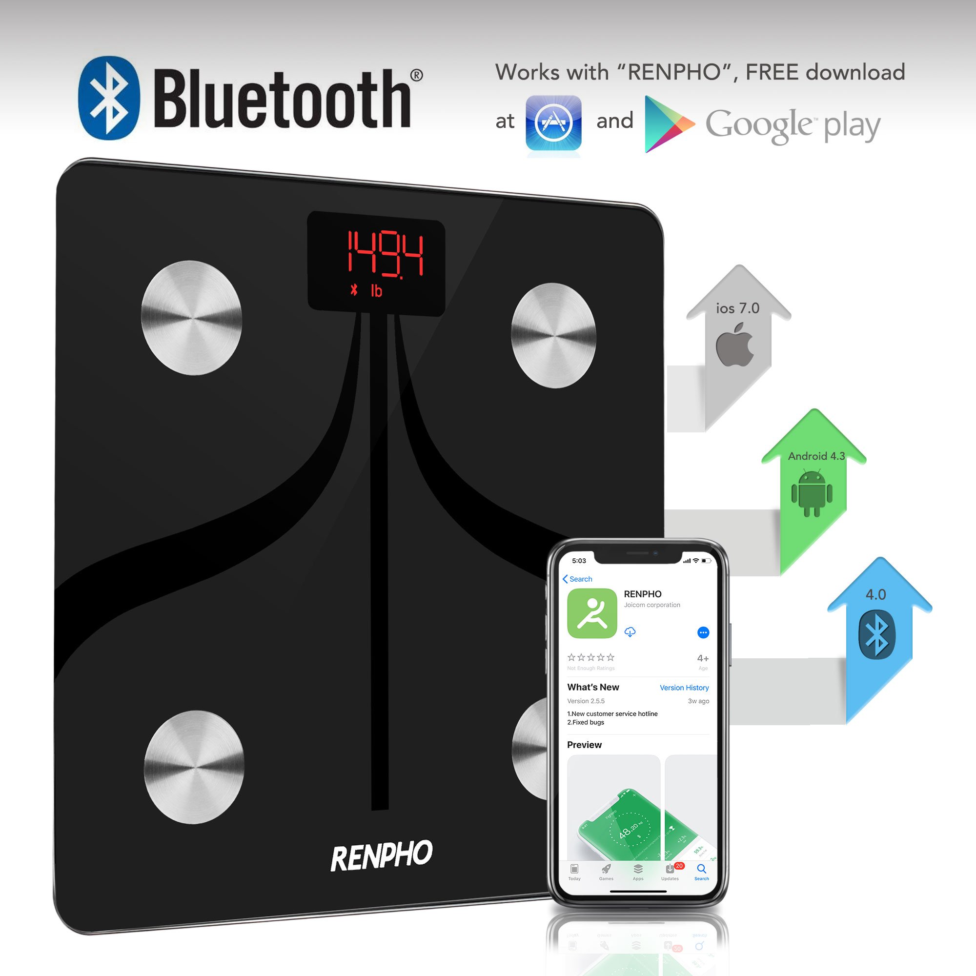 Bluetooth Body Fat Scale by RENPHO, USB Rechargeable Smart Digital