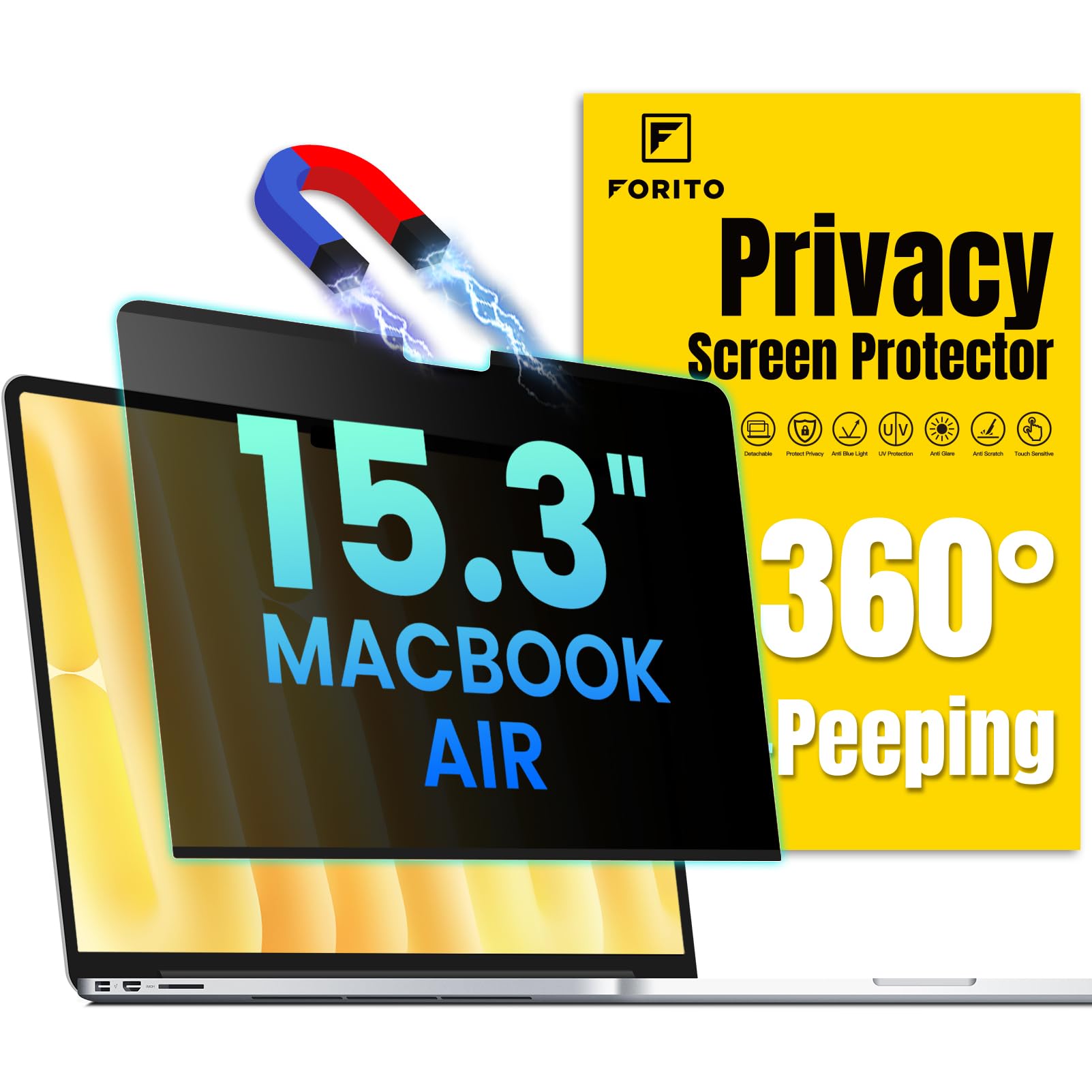 F FORITO Magnetic Privacy Screen Protector Compatible with MacBook Air 15.3 inch (2026-2023, M2, M3, M4, M5), Removable 360° Anti Peeping Anti Blue Light Anti Glare Laptop Privacy Screen Shield