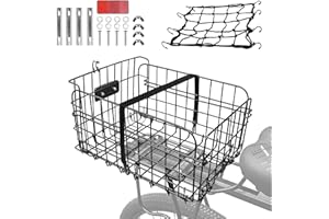 RAINFLOWWER Rear/Front Bike Basket, Folding Large Bike Basket Rear/Front with Reflective Light, Foldable Metal Wire Bicycle Baskets for Adult Women/Men