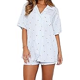 TUWIXIUW Women Valentines Pajamas Sets Cute Heart Print Pjs Set Short Sleeve Button Down Tops and Shorts Loungewear