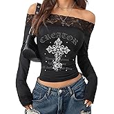 SOLY HUX Women's Graphic Tees Lace Y2k Gothic Off The Shoulder T Shirt Long Sleeve Going Out Tops