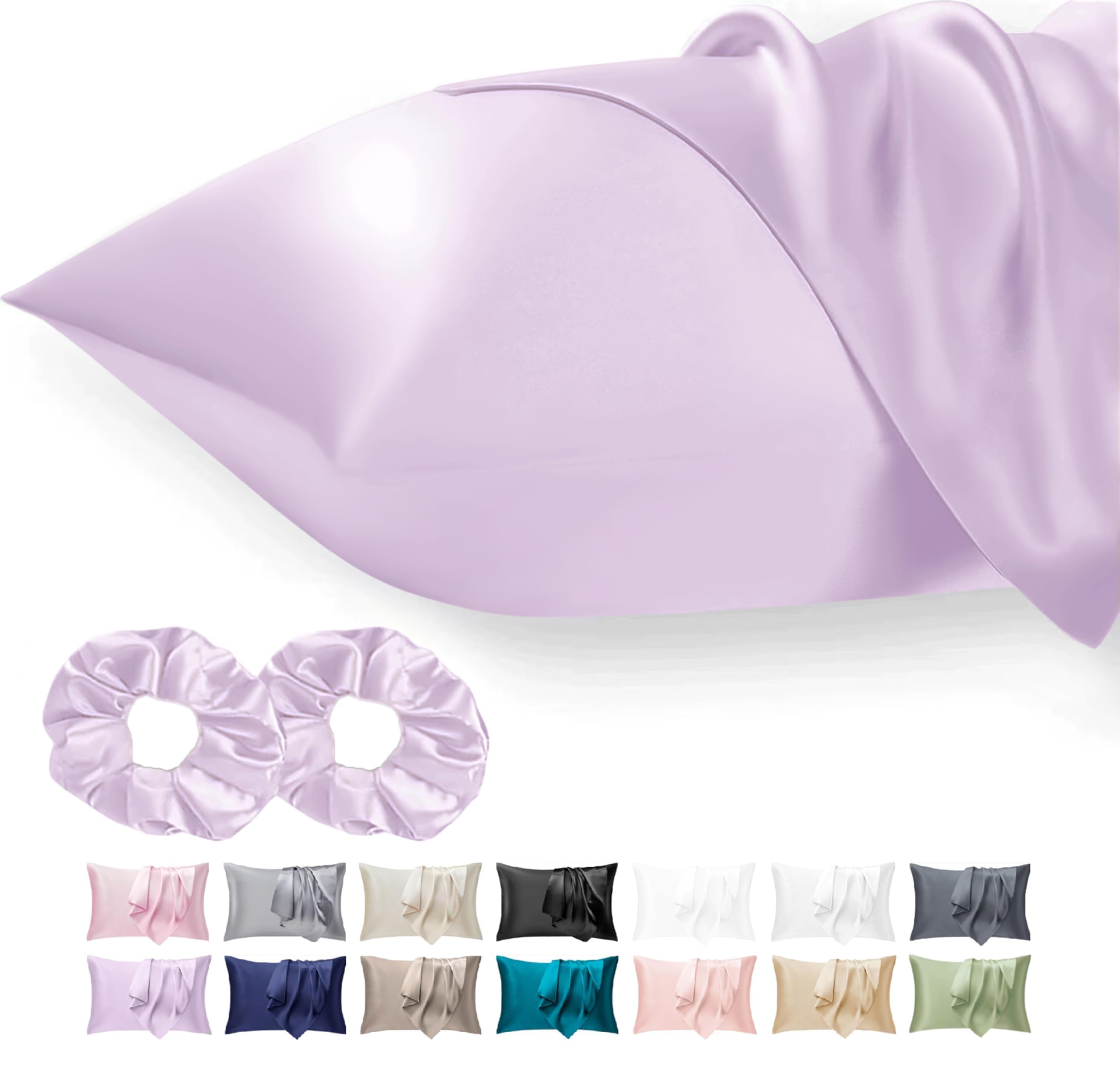 Seiwohl Satin Silk Pillowcases for Hair and Skin Lavander Pillow cases 2 Pack with Hair Silk Scrunchies for women, Cooling Pillow cases with Envelope Closure, Standard Size 50x75 cm