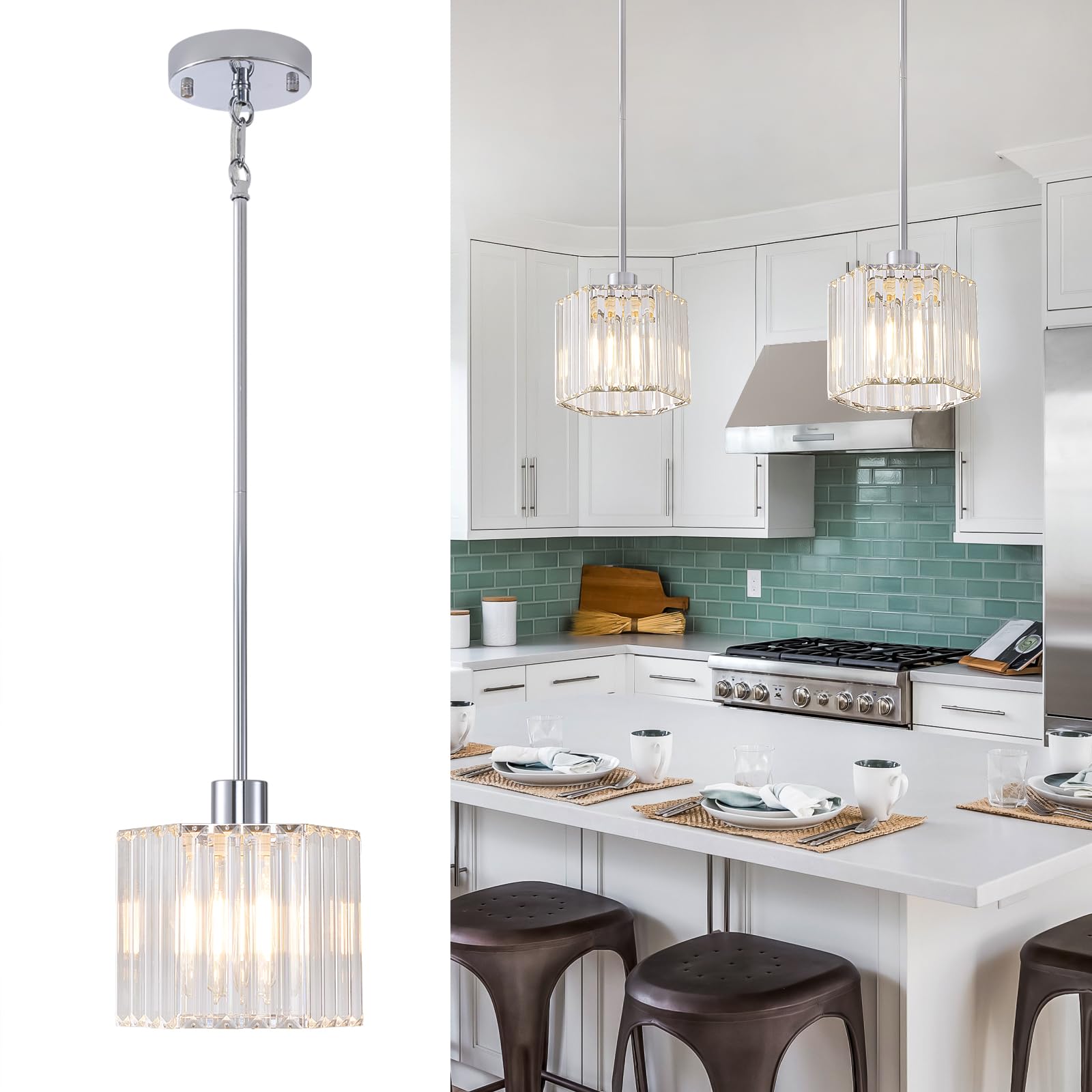 Photo 1 of XSDeTu 2 Pack Crystal Pendant Light Fixtures, Modern Chrome Hanging Light, 1-Light Small Farmhouse Chandelier, Adjustable Hexagonal Cage Pendant Lighting for Kitchen Island, Dining Room, Bedroom