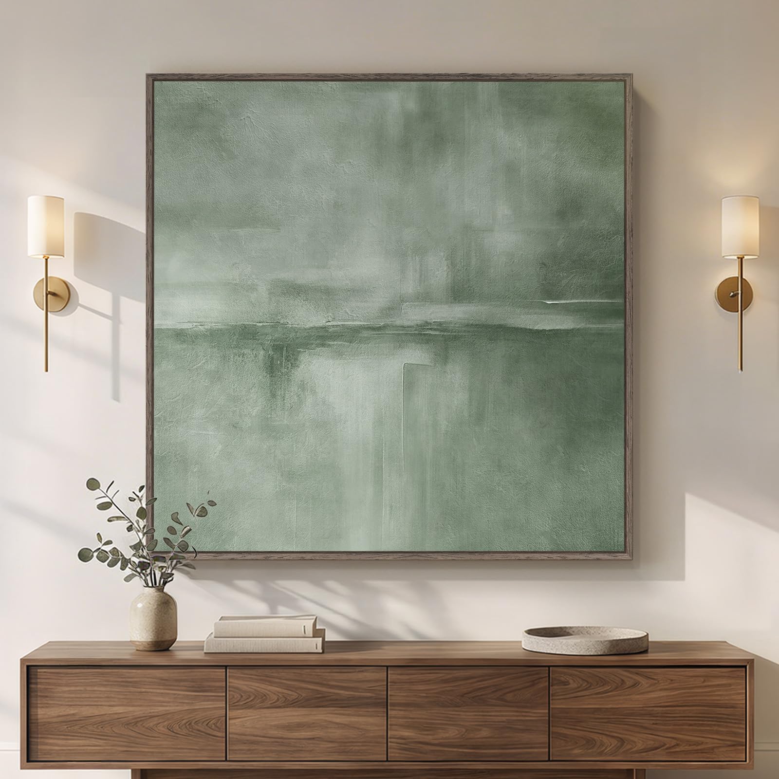 Photo 1 of Extra Large Framed Green Abstract Wall Art, Modern Minimalist Sage Green Canvas Prints Artwork for Walls, Contemporary Square Pictures for Living Room Bedroom Dining Room Office Wall Decor, 48x48 In