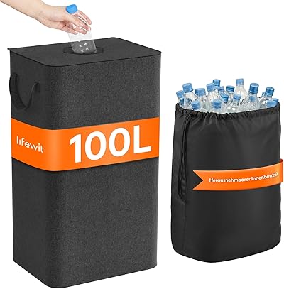 Lifewit 100L Pfandflaschen Sammelbehälter mit Deckel, Groß Pfandflaschen Aufbewahrung, Behälter Leergut & Altglas Aufbewahrung, Flaschensammler mit Loch Küche Abstellraum Flaschentasche, Dunkelgrau