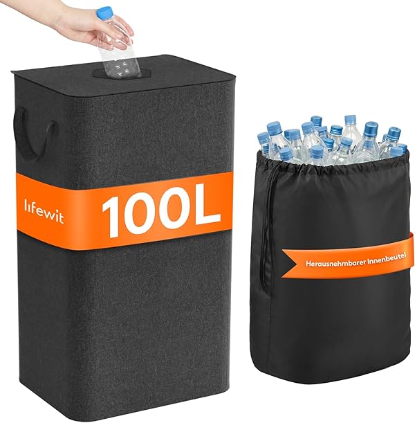 Lifewit 100L Pfandflaschen Sammelbehälter mit Deckel, Groß Pfandflaschen Aufbewahrung, Behälter Leergut & Altglas Aufbewahrung, Flaschensammler mit Loch Küche Abstellraum Flaschentasche, Dunkelgrau