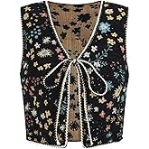 SweatyRocks Women's Floral Embroidered Tie Front Crop Vest Tops Boho Country Concert Cowgirl Western Outfits