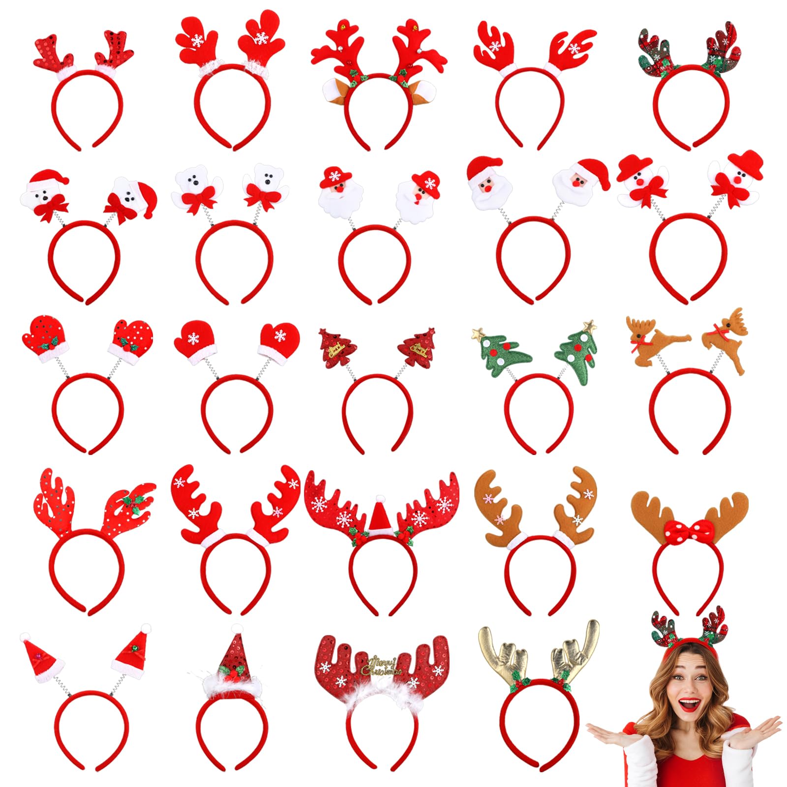 Cindeer 24 Pcs Christmas Headbands for Adults Santa Headband Reindeer Headband Christmas Tree Head Boppers for Xmas Party Favors Costume Accessories