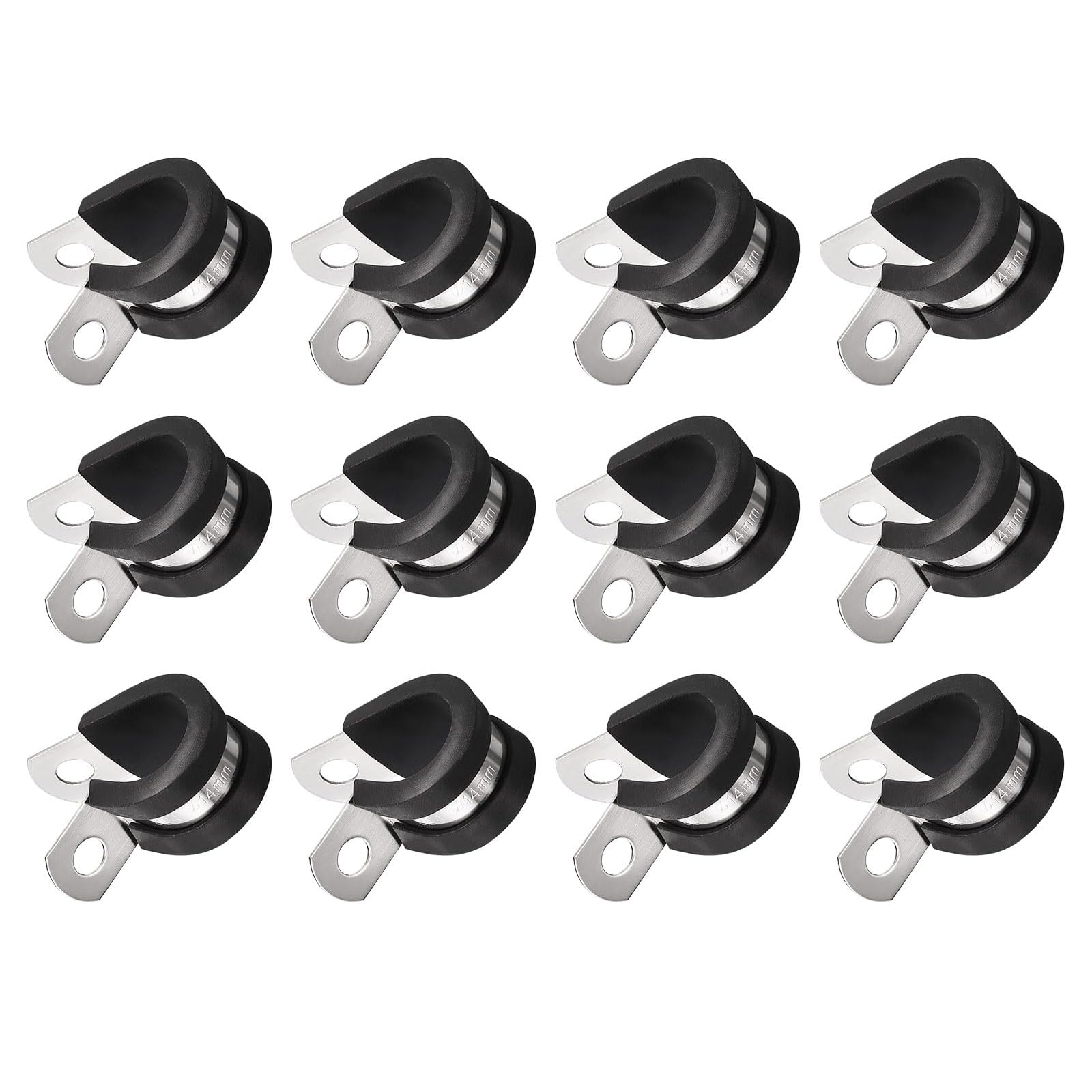 Unifizz 12Pcs 9/16 Inch(14mm) R-Shape Stainless Steel Rubber Cushioned Cable Clamp, Pipe Wire Tube Holder