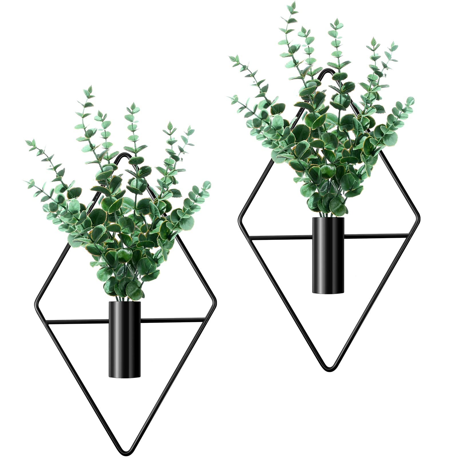 Cindeer 2 Pcs Hanging Planters with Artificial Plants Metal Hanging Vase Indoor Plants Holder Modern Geometric Wall Decor for Living Room Home Office (Black, Eucalyptus)