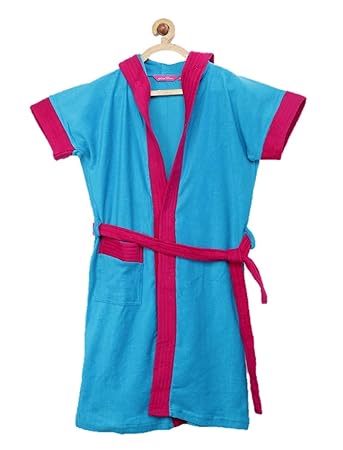 Sand Dune - Turquoise Color with Rani Pink Border Kids Hood Bathrobe for Girls - 100% Terry Cotton Bathrobe Gown - Half Sleeves, Knee Length, Pocket with Waist Belt - Children Hodded Bath Robe for Age Group Between 12 to 13 Years