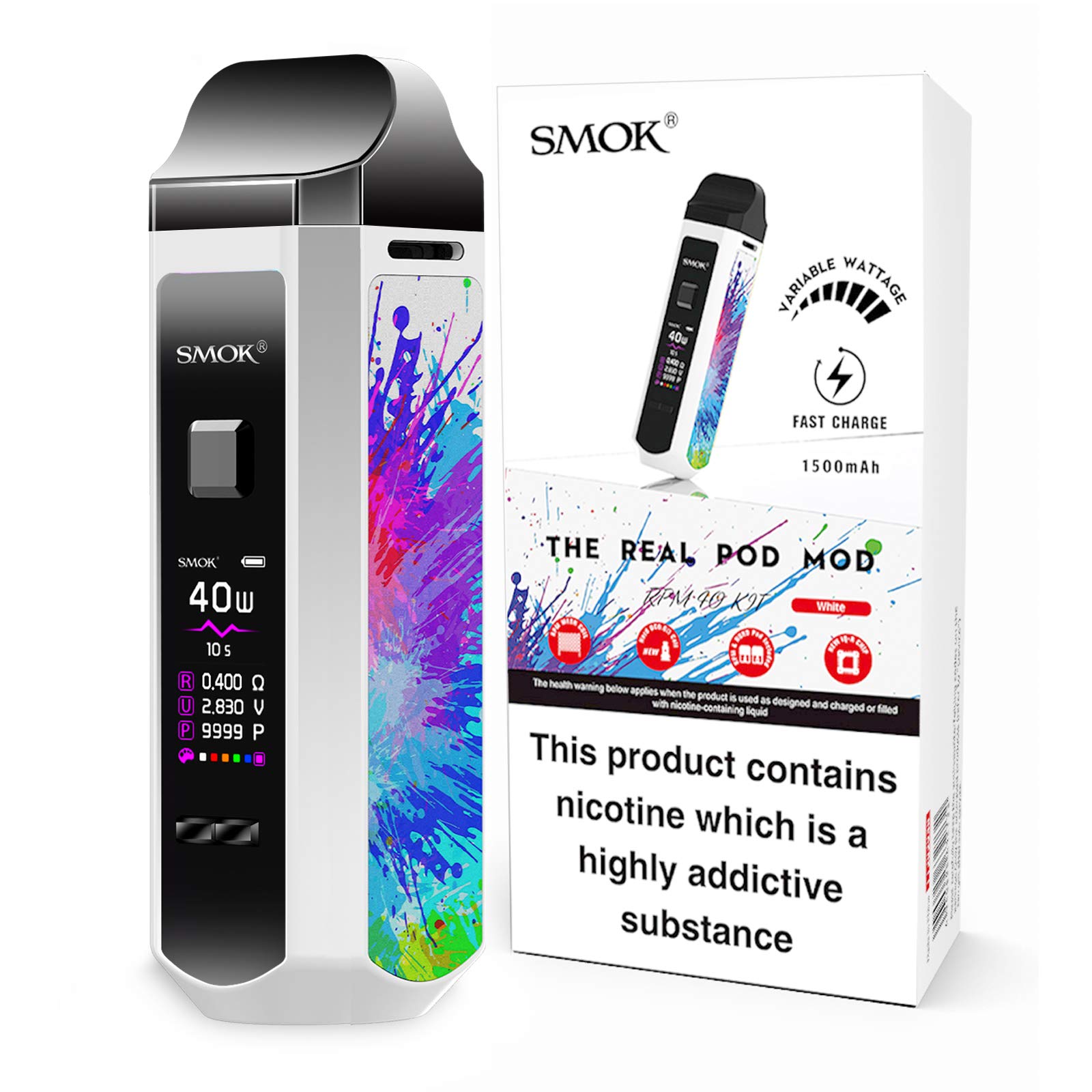 SMOK RPM 40 Vaping Kit,1500mAh Battery, 40W Output, Adjustable Airflow, 2mL Refillable Pod, Compact Pod System, E Cigarette, E Cig, Starter Kit, No Nicotine (Prism White)