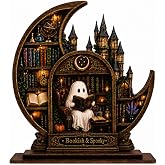 Halloween Decor, Bookish and Spooky Cute Halloween Decorations Castle Bookshelf Scene with Reading Ghosts, Wooden Ghost Decor for Bookshelf, Cozy Library Decor, Book Lover Gifts for Women 6.9x6.7 inches