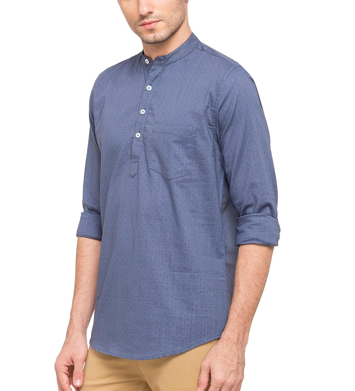 nick&jess mens ethnic wear : blue printed linen short kurta shirt